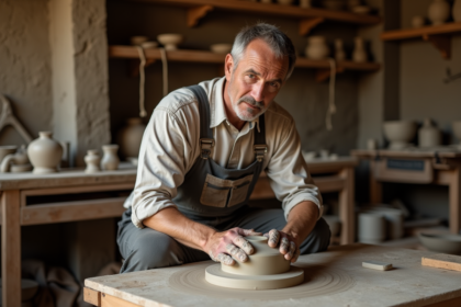 Artisan en atelier façonnant de l'argile humide