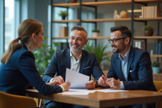 Homme et femme d affaires discutant avec un conseiller bancaire