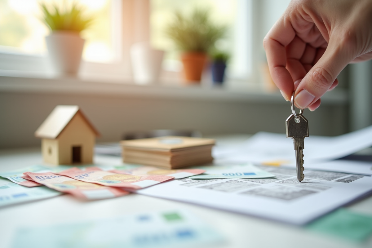 Main tenant une clé de maison au bureau avec documents et billets