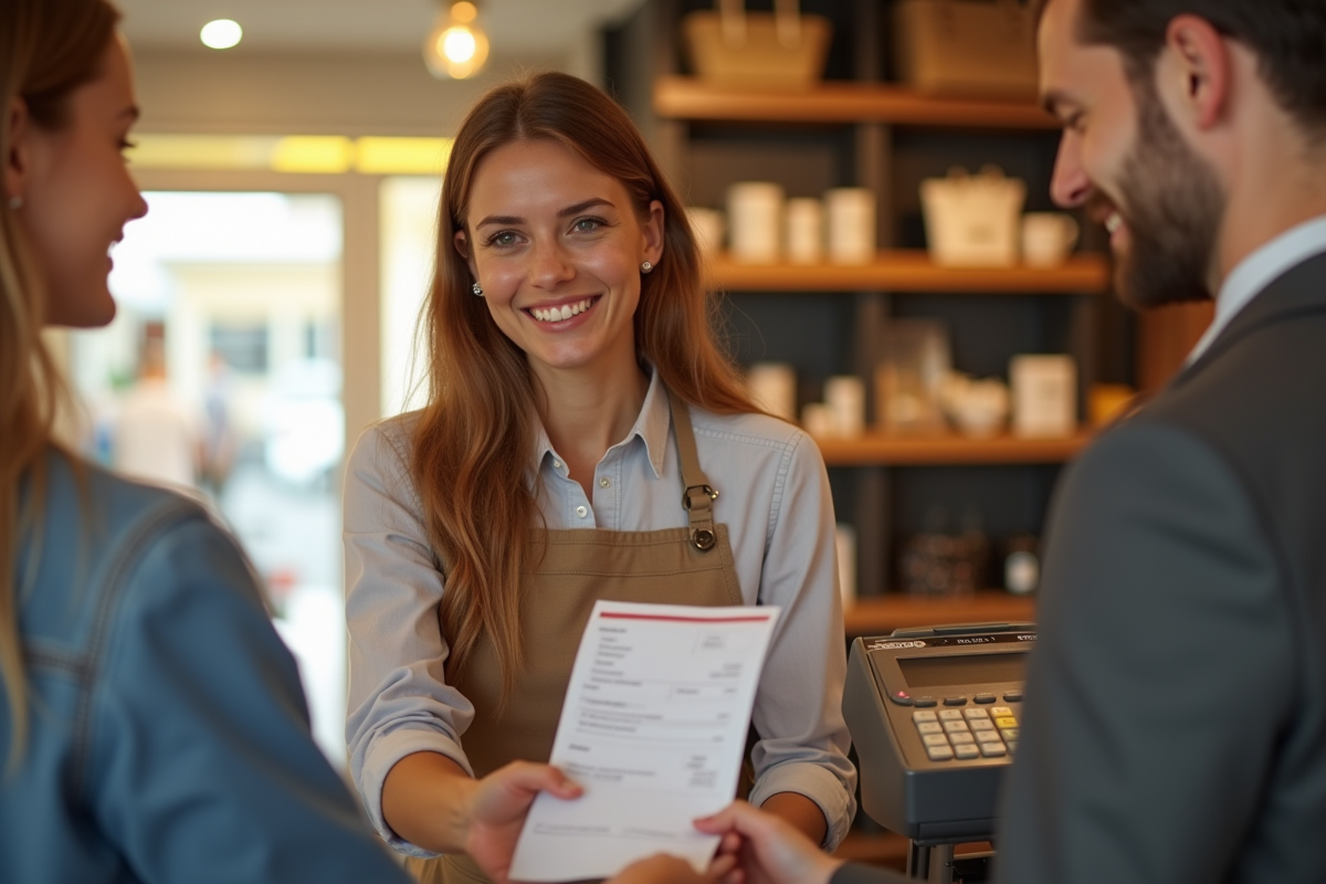 Commercant remettant un reçu à un client souriant dans une boutique ensoleillee