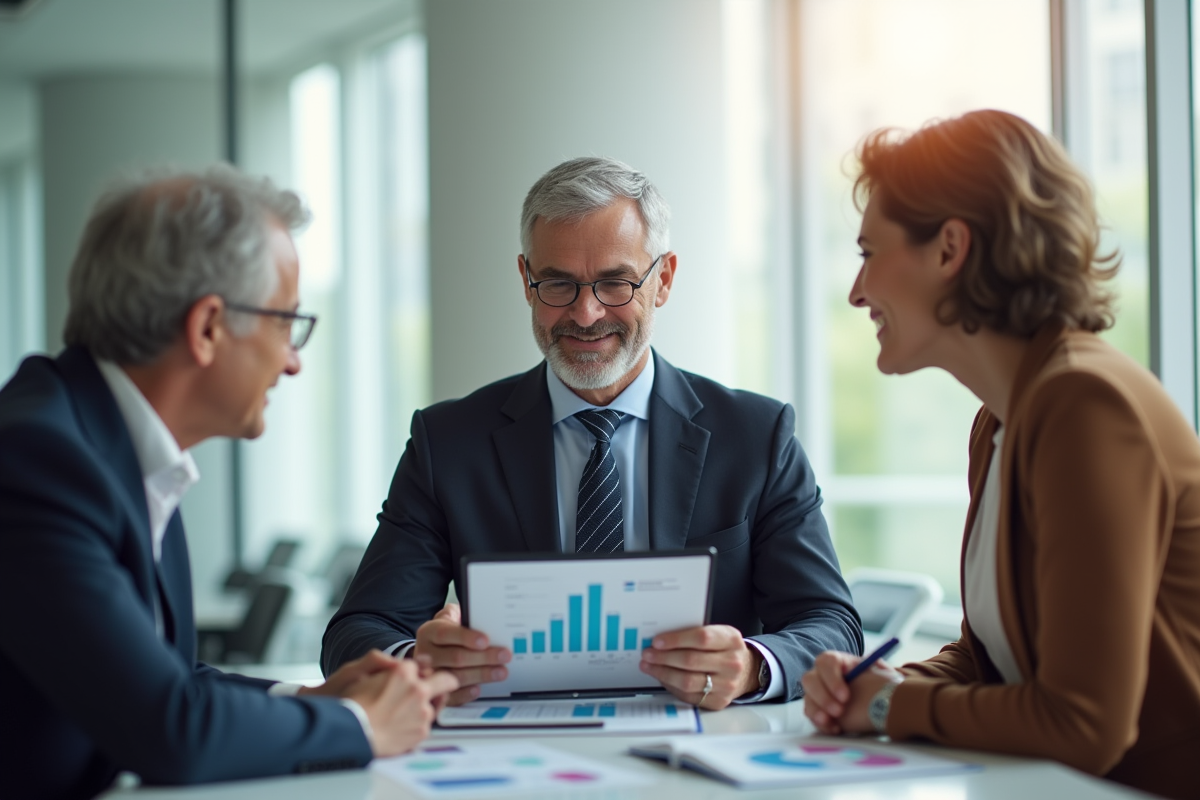 Conseiller financier rencontrant des clients dans un bureau lumineux