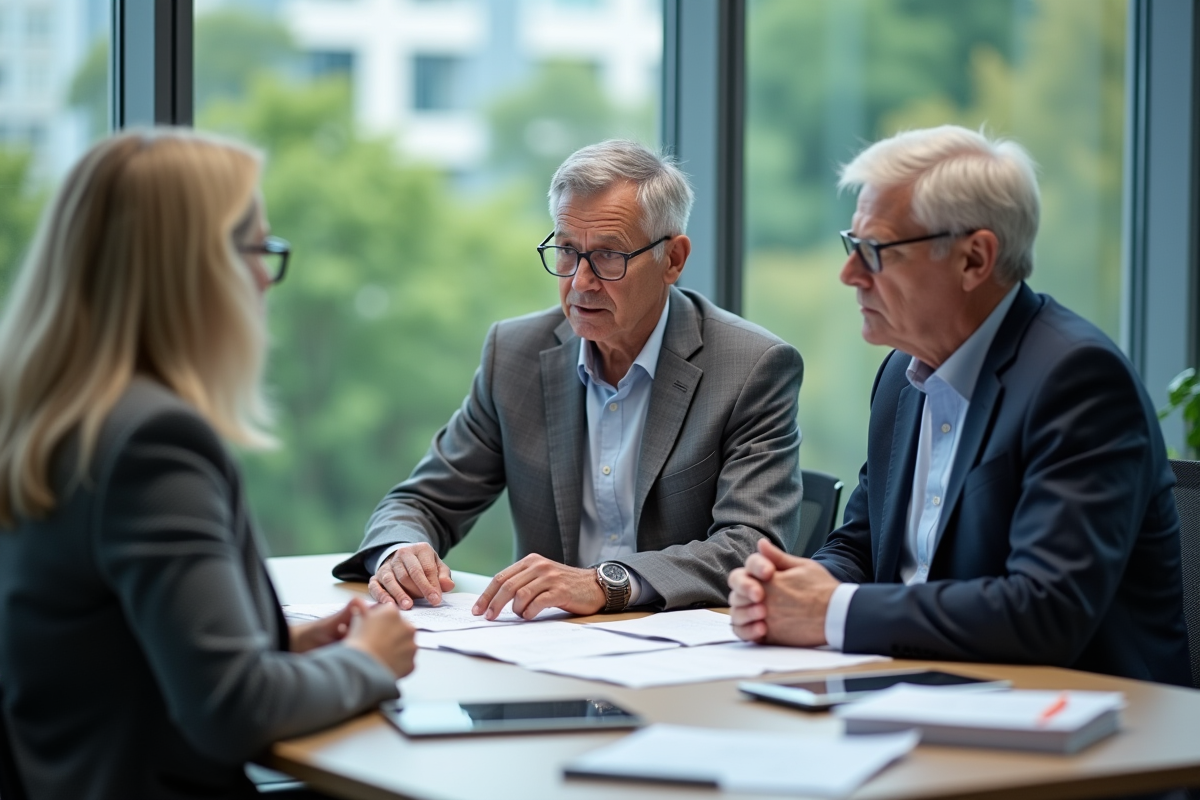 Conseiller financier discutant avec couple dans bureau moderne