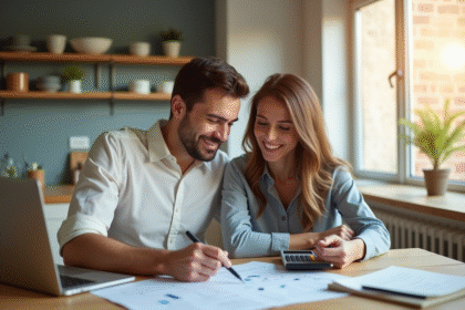 Jeune couple souriant à la maison avec documents financiers