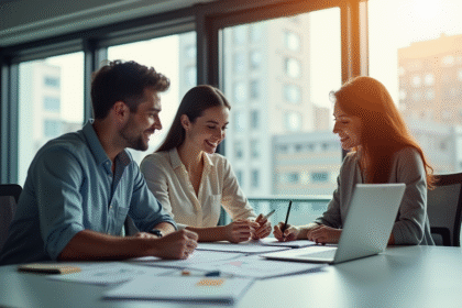Jeune couple avec conseiller financier souriant à un bureau lumineux