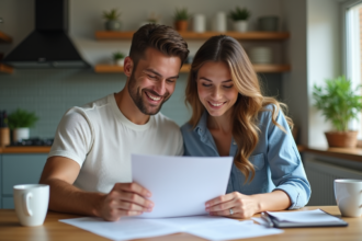 Jeune couple confiant examinant des documents de prêt immobilier