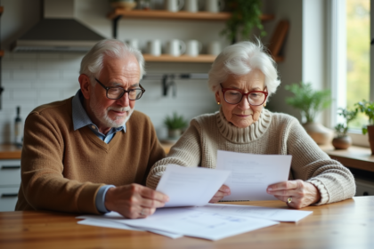 Couple retraité lisant des documents dans une cuisine moderne