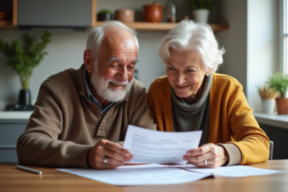 Couple belge senior souriant avec document financier dans la cuisine