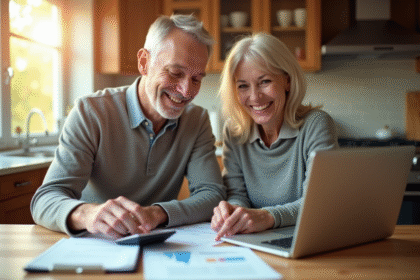 Couple senior souriant examinant des documents financiers