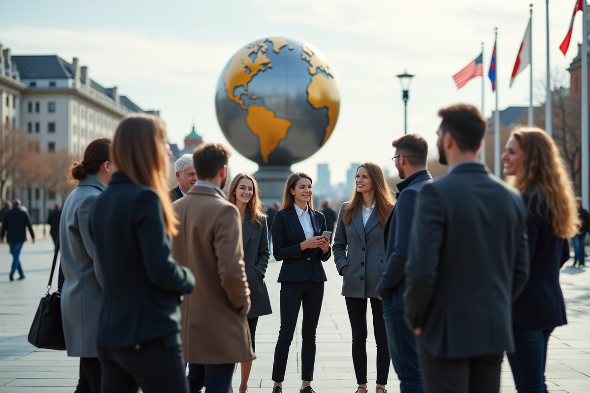 Groupe de jeunes discutant devant un monument international