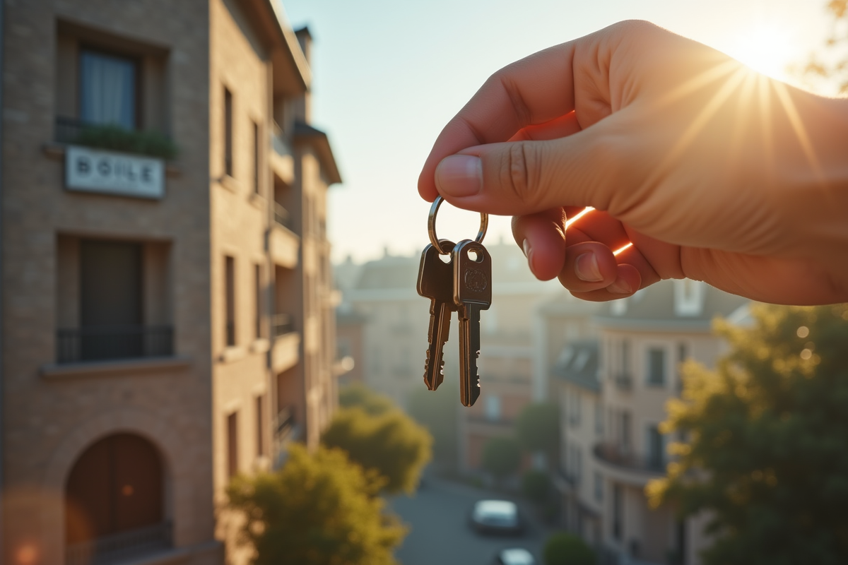 Façade d un immeuble avec panneau vente et clés en main