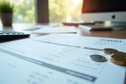 Vue rapprochee d'une facture française sur un bureau moderne avec calculatrice et pièces d euro