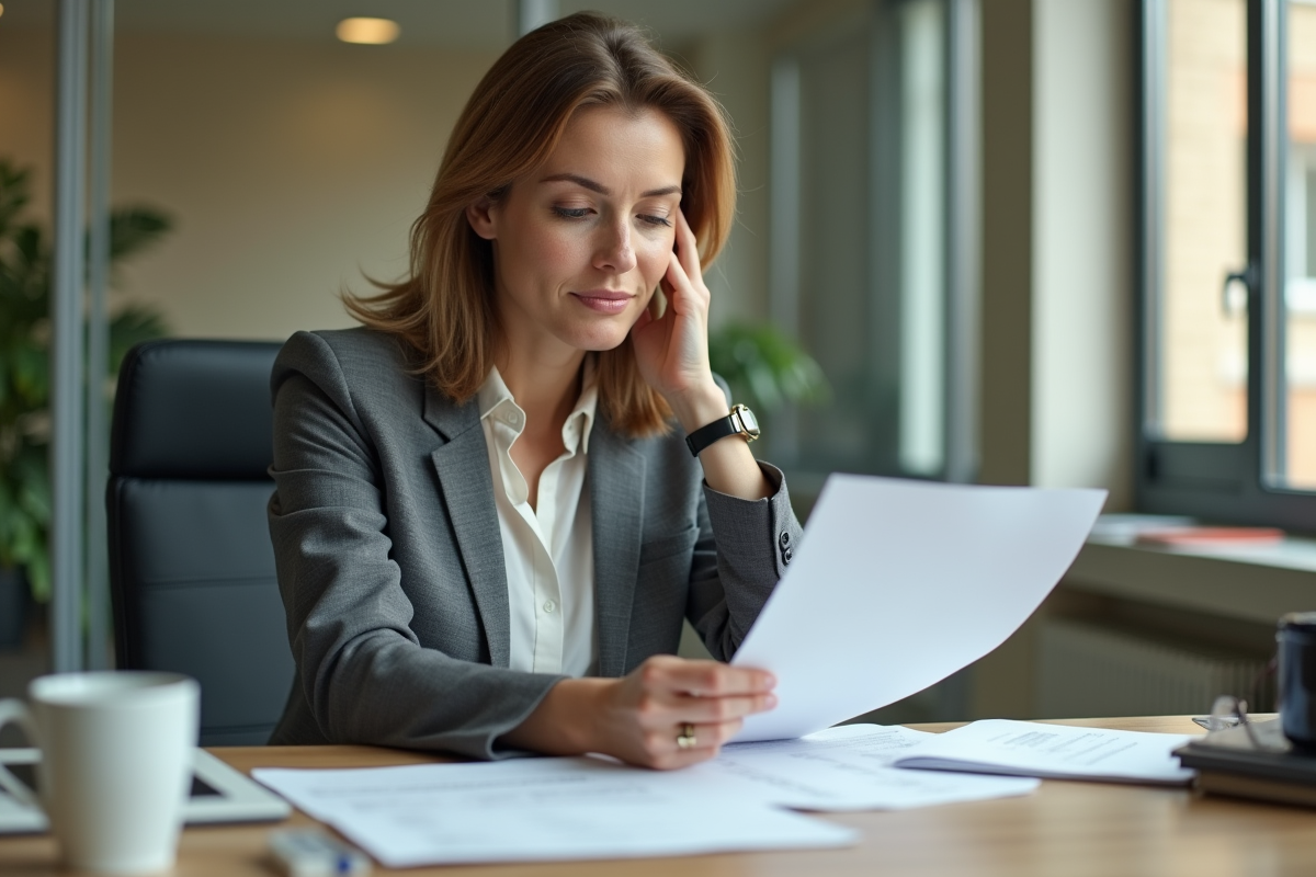 Femme d affaires en costume examine des documents d assurance
