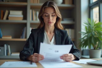 Femme d'affaires examinant des documents fiscaux dans un bureau moderne