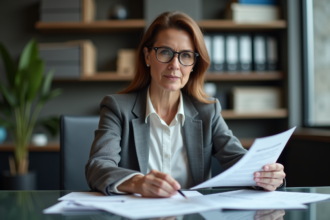 Femme d'affaires en revue de documents financiers dans un bureau moderne