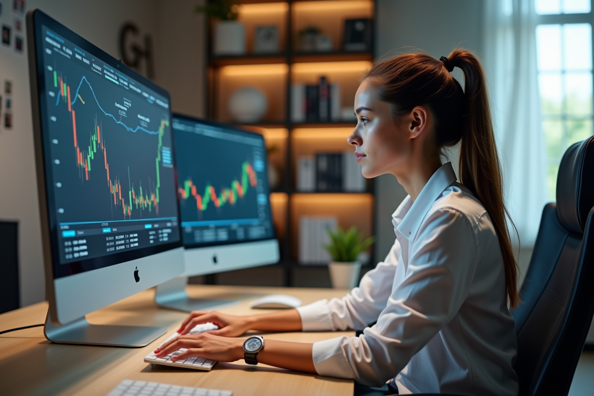 Jeune femme étudiant graphiques de cryptomonnaies