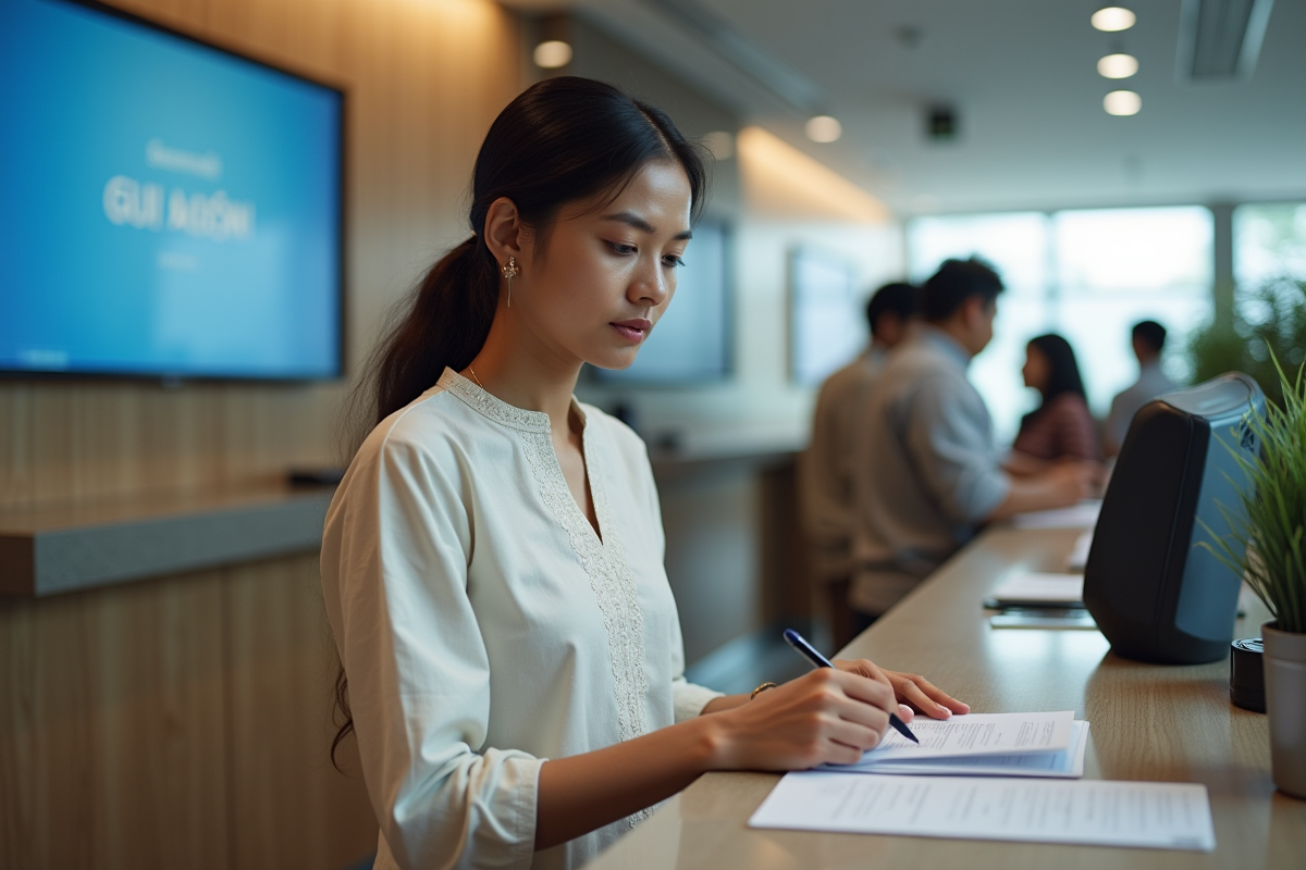 Jeune femme indienne remplissant un formulaire à la banque