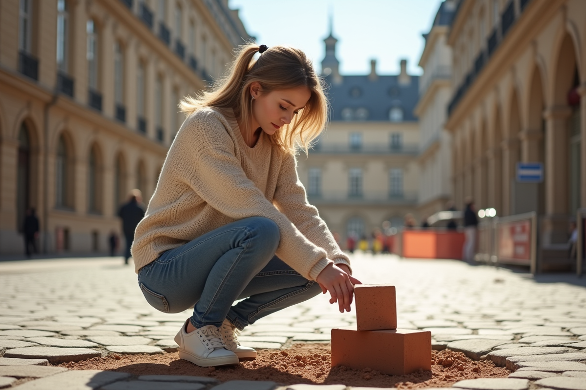 Jeune femme examinant une brique en ville