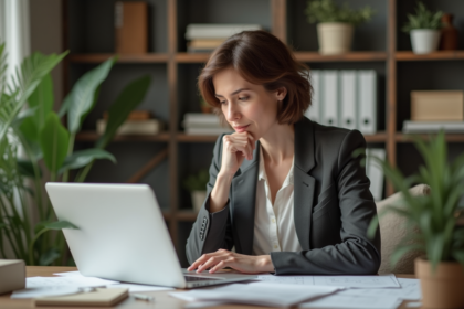Femme d'âge moyen examinant des papiers à son bureau à domicile