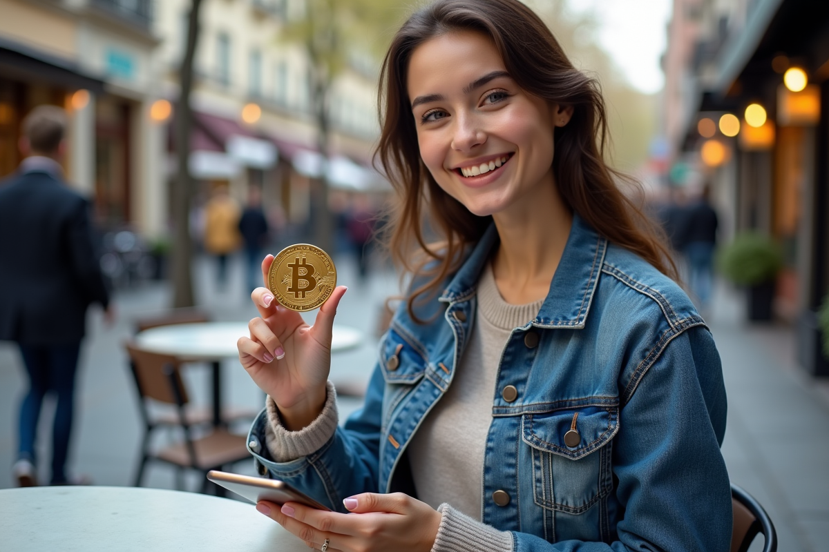 Femme avec pièce de bitcoin et smartphone dans un café urbain