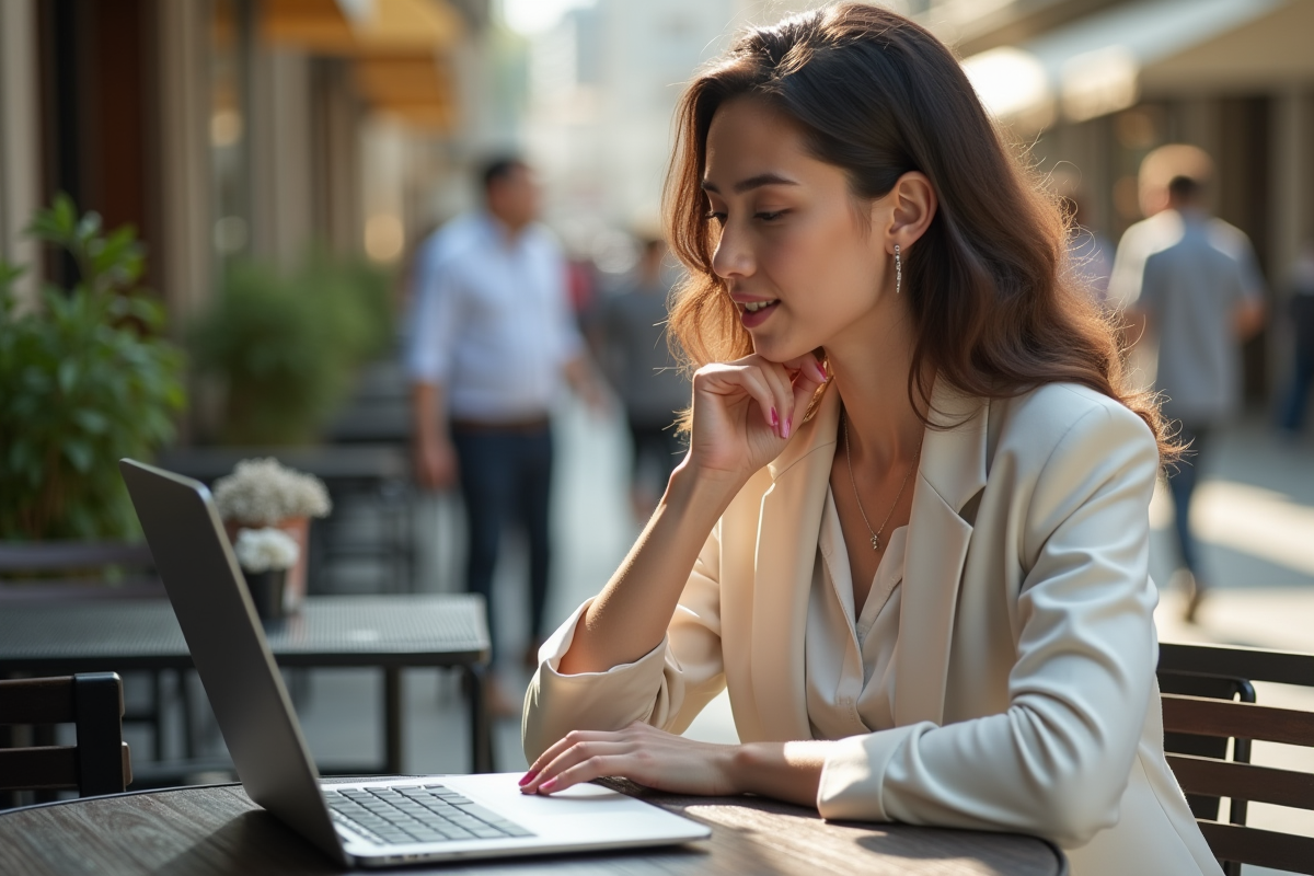 Jeune femme étudie des graphiques boursiers sur un ordinateur portable