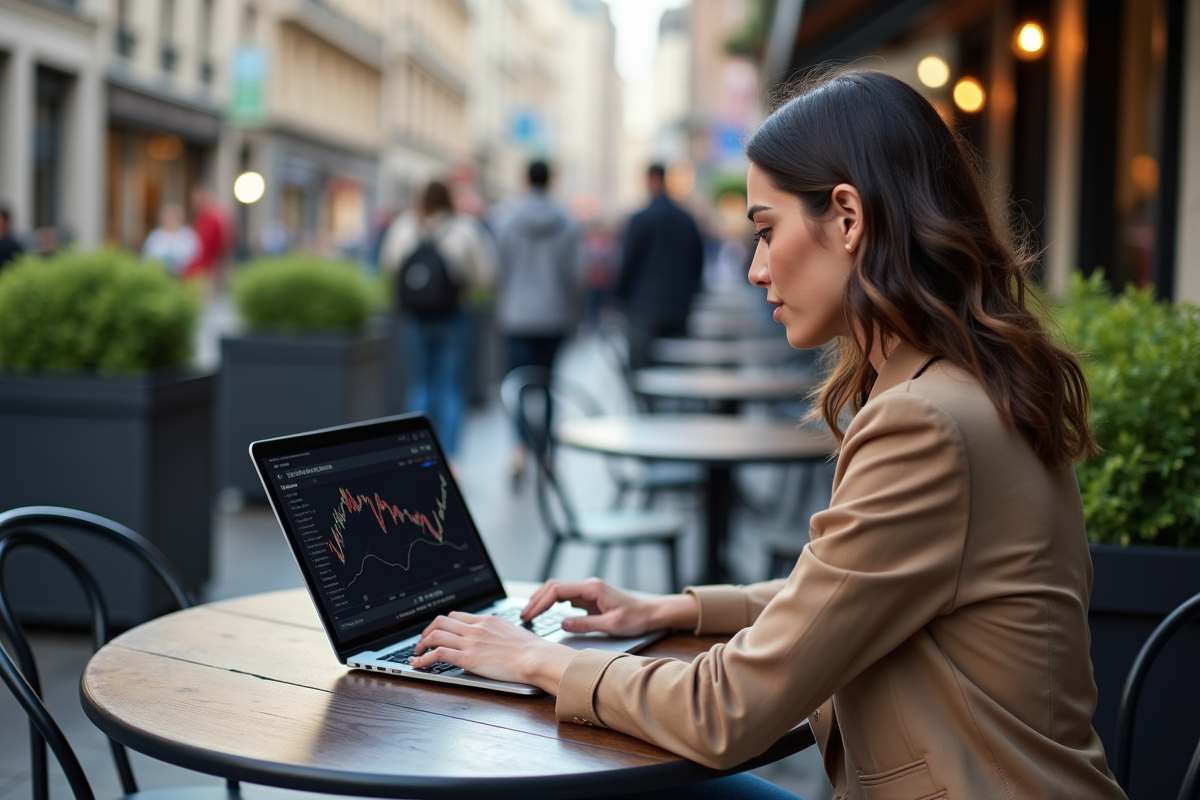 Femme jeune étudiant des données financières sur un ordinateur