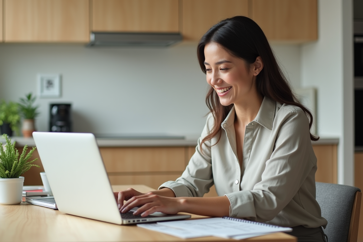 Femme souriante vérifiant calculs de prêt immobilier à la maison