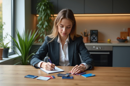 Jeune femme compare plusieurs cartes de crédit à la maison