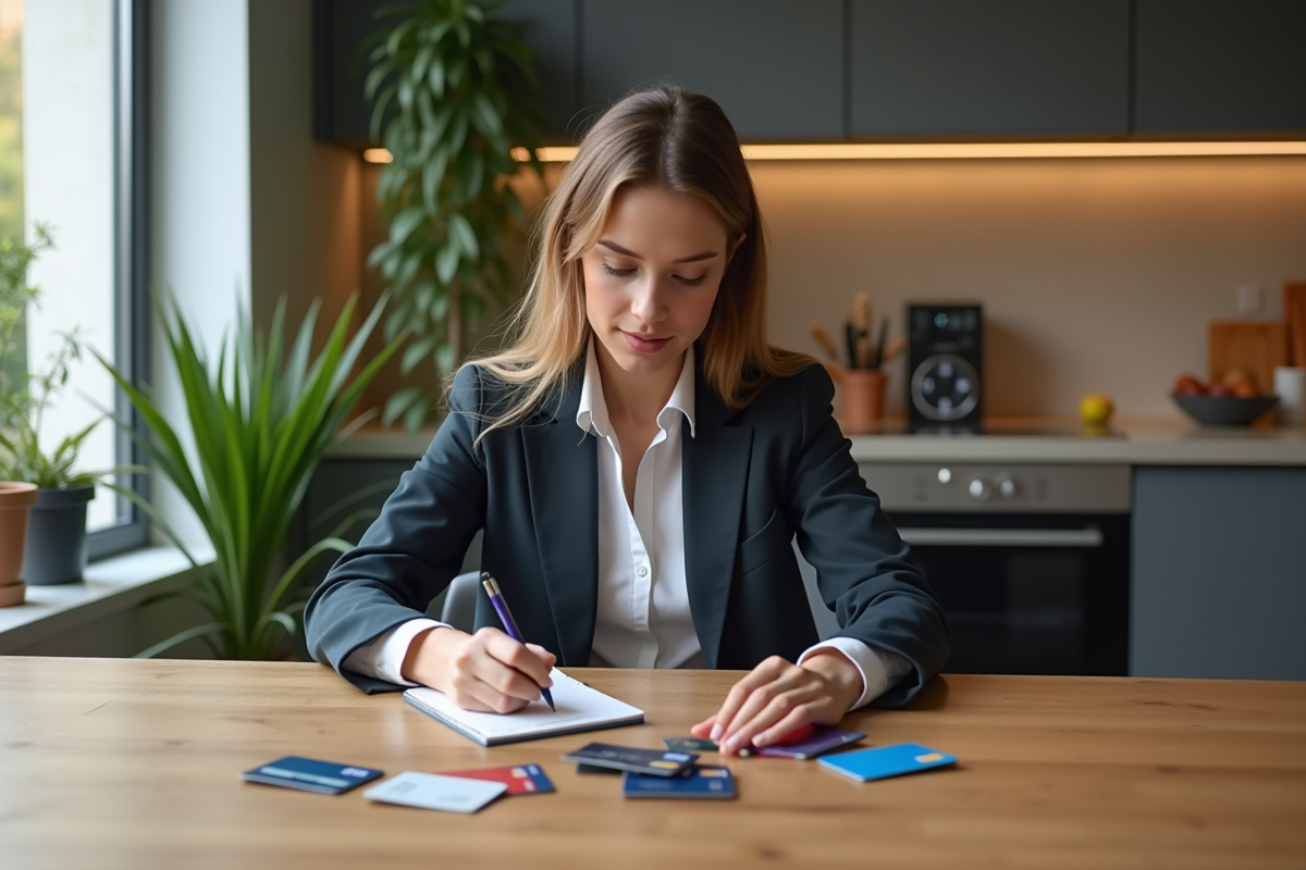 Jeune femme compare plusieurs cartes de crédit à la maison