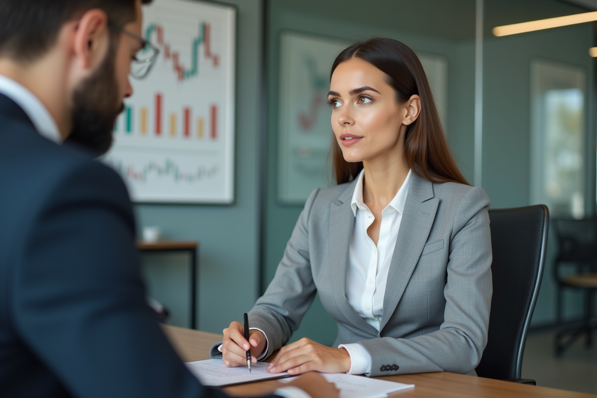 Jeune femme en costume écoutant un conseiller bancaire