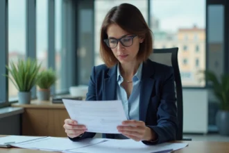 Femme espagnole en bureau examinant des documents de prêt immobilier