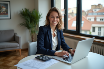 Femme professionnelle au bureau avec documents immobiliers