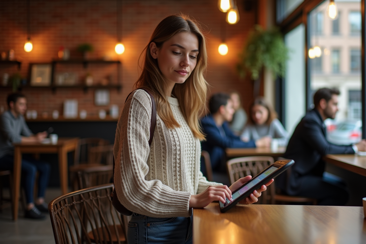 Jeune femme au café examinant des options d