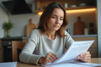 Femme d'âge moyen lisant des documents de garantie à la maison