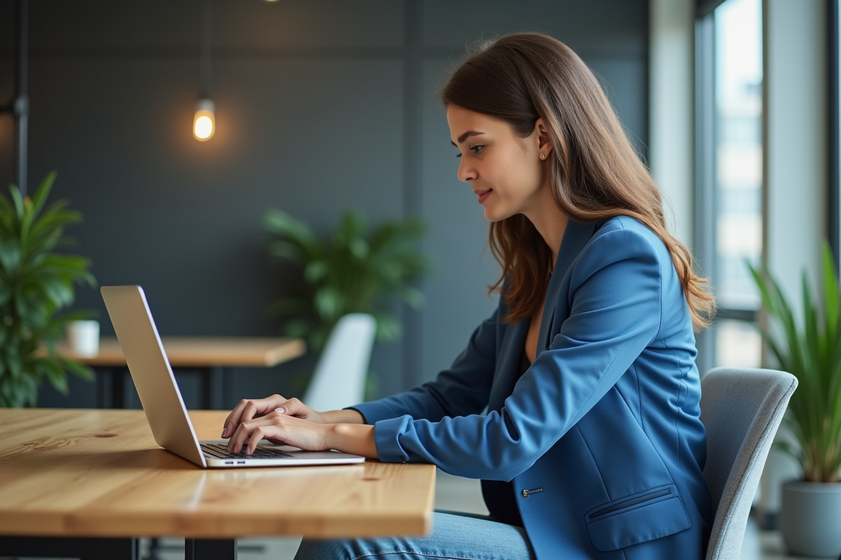 Jeune femme en blazer bleu examine des données crypto sur son ordinateur