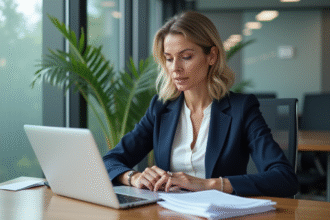 Femme professionnelle en bureau moderne avec documents et ordinateur