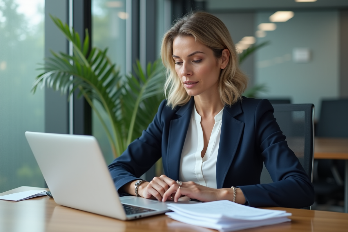Femme professionnelle en bureau moderne avec documents et ordinateur
