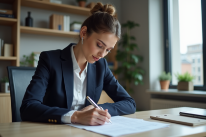 Femme en blazer bleu remplissant un formulaire à son bureau
