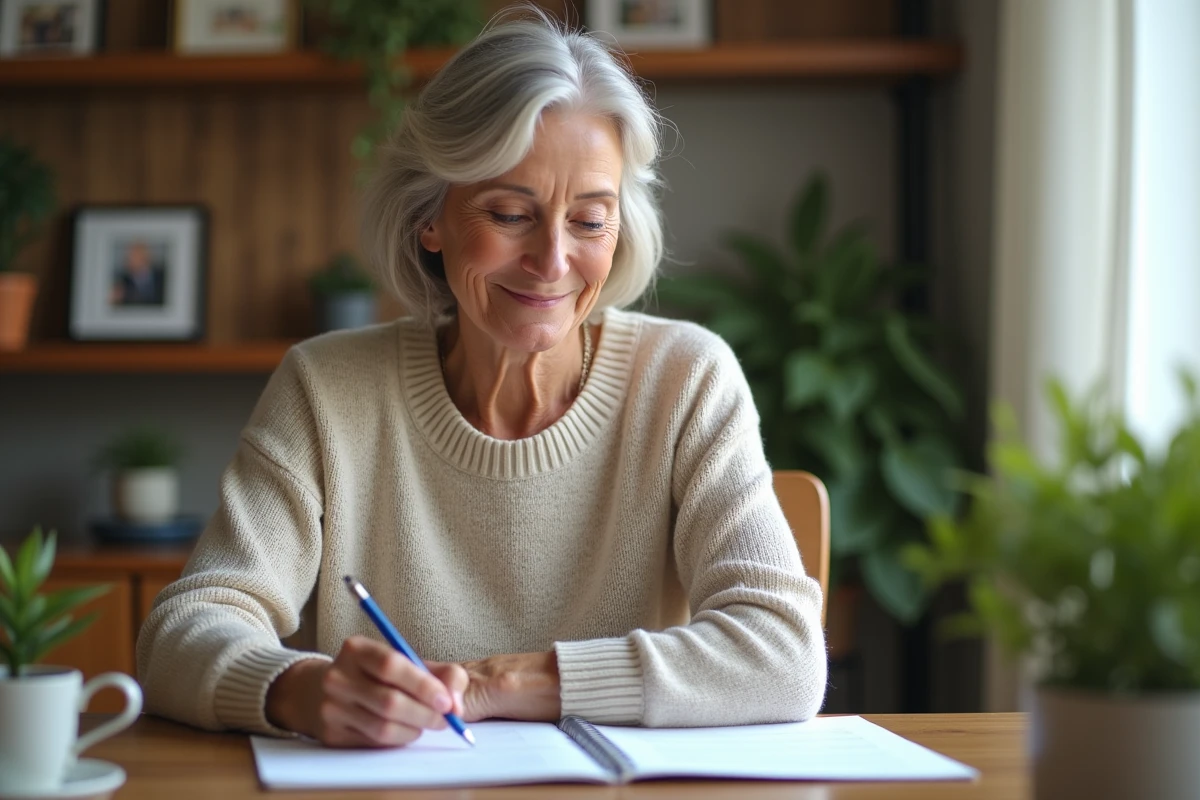 Femme retraitée souriante dans son bureau à domicile