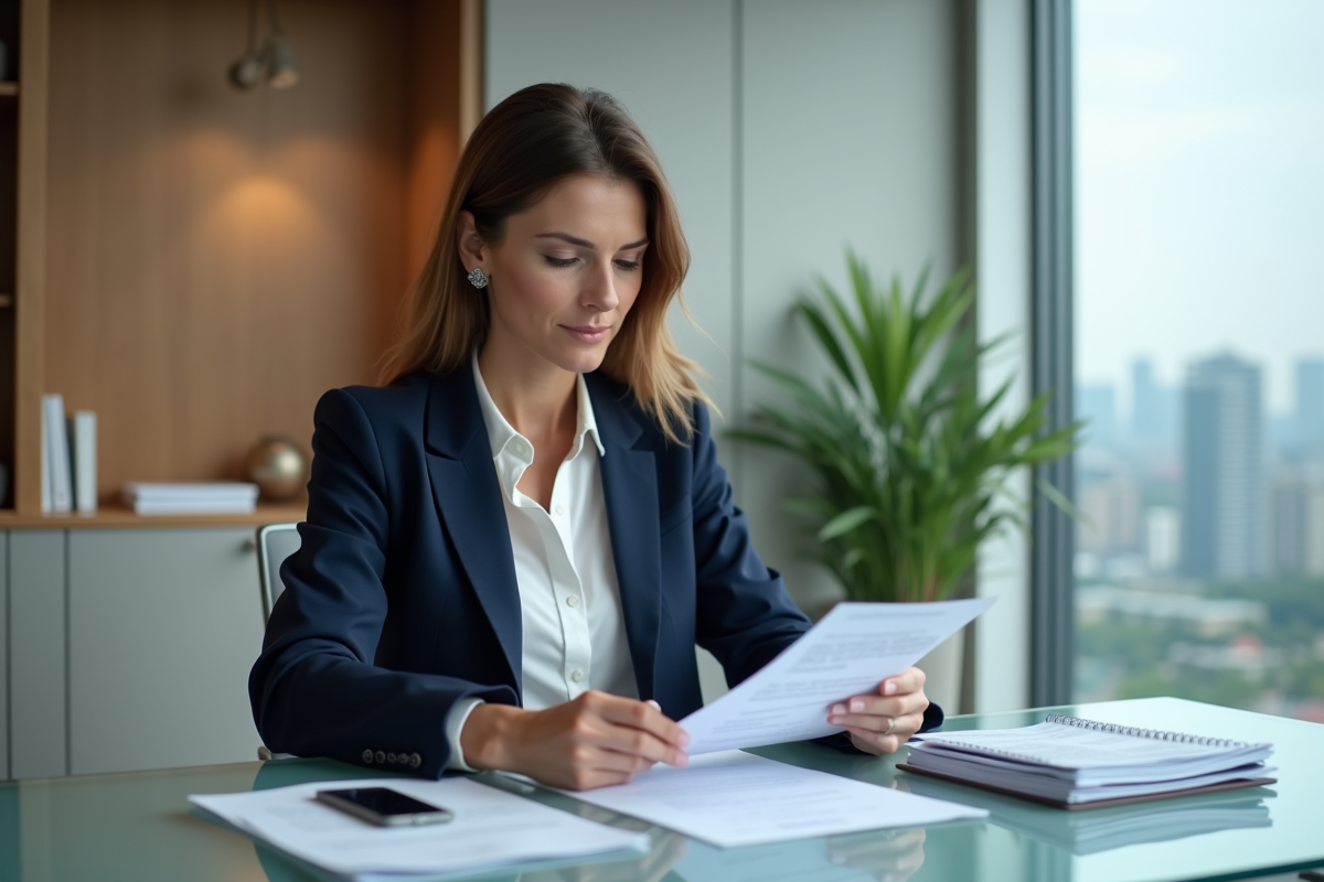 Femme en blazer bleu examine un relevé de compte