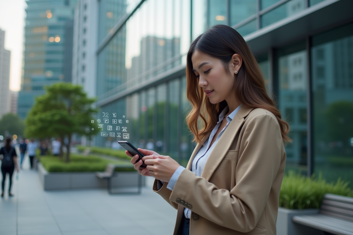Femme regardant son smartphone devant un bâtiment urbain