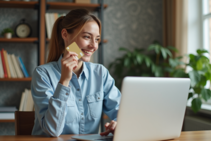 Jeune femme souriante avec une carte de crédit dans un bureau à domicile