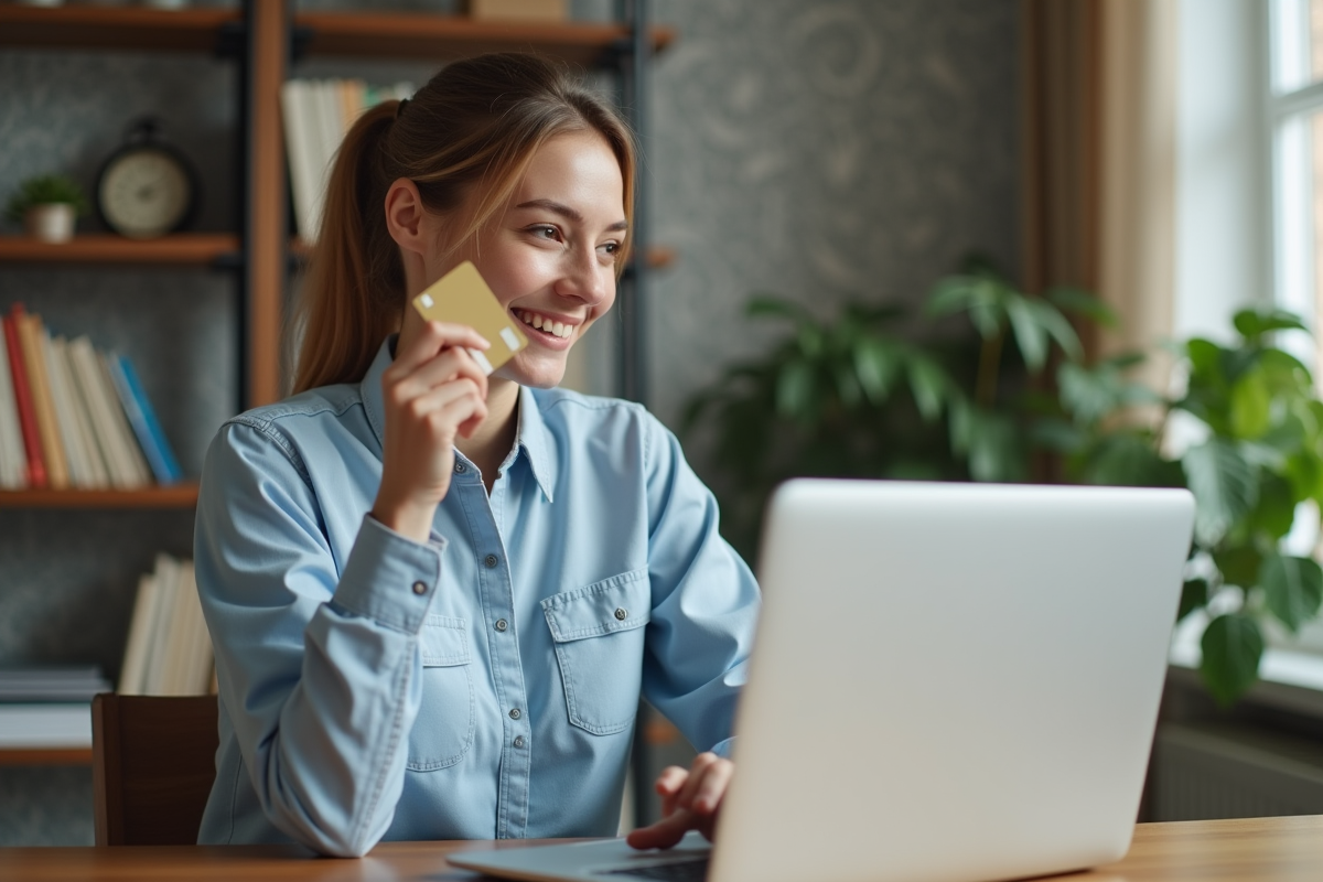 Jeune femme souriante avec une carte de crédit dans un bureau à domicile