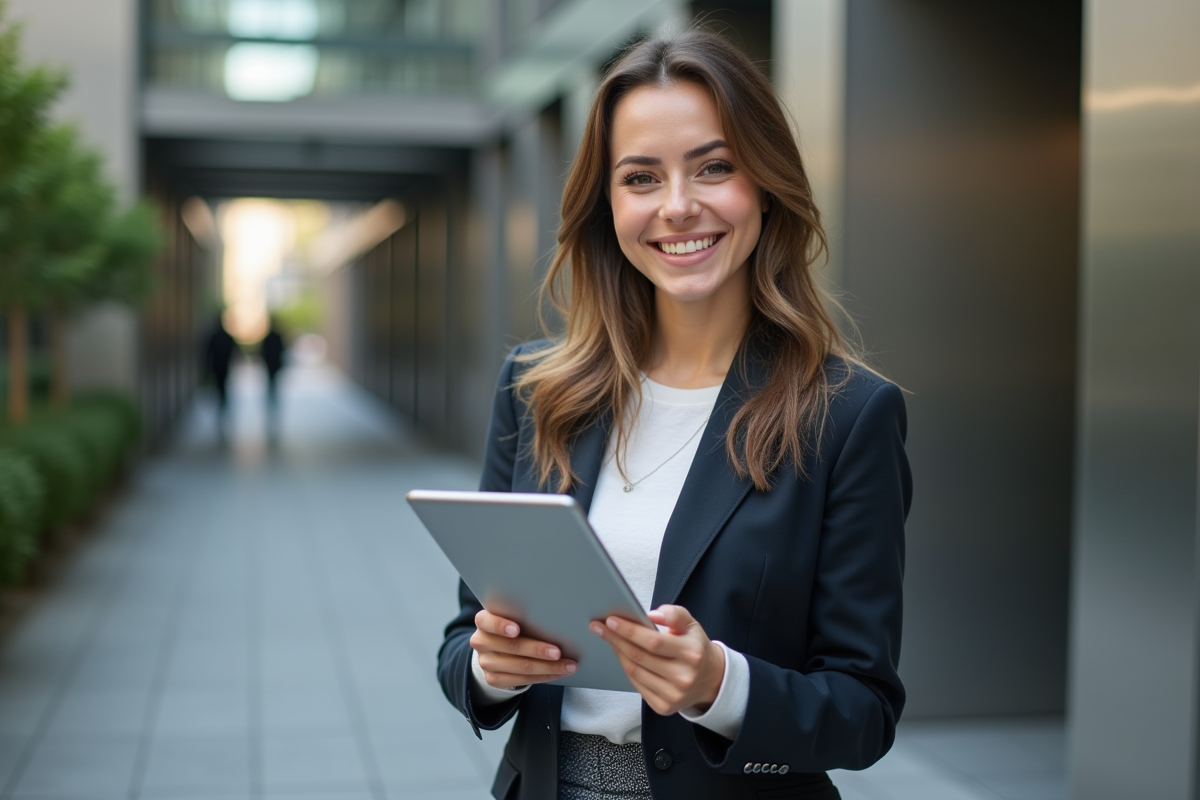 Jeune femme avec tablette affichant graphique de dividendes Orange