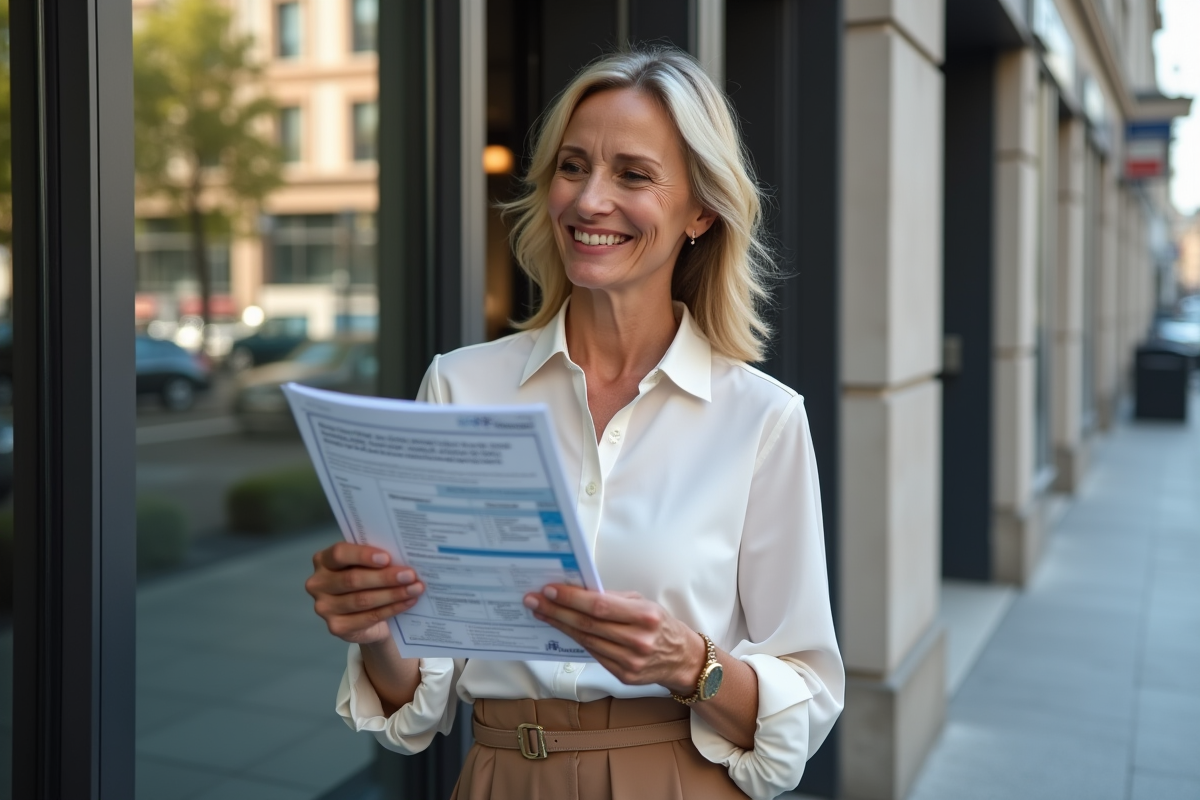 Femme souriante regarde un flyer immobilier près d une fenêtre urbaine