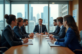 Groupe de professionnels en réunion stratégique dans un bureau moderne