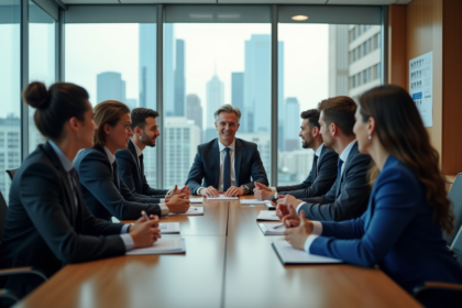 Groupe de professionnels en réunion stratégique dans un bureau moderne