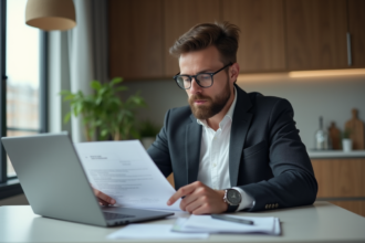 Homme en blazer regardant documents achat voiture dans appartement