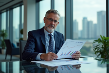 Homme d'affaires en costume analysant un graphique MSCI World