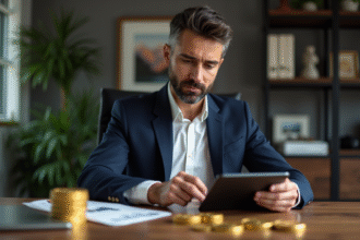 Homme en costume regardant des pièces d or et graphique crypto
