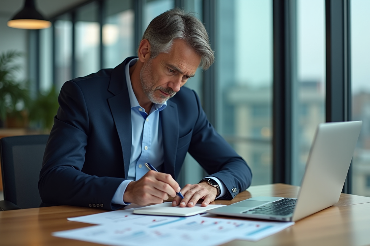 Homme d'affaires en costume bleu analysant des documents financiers